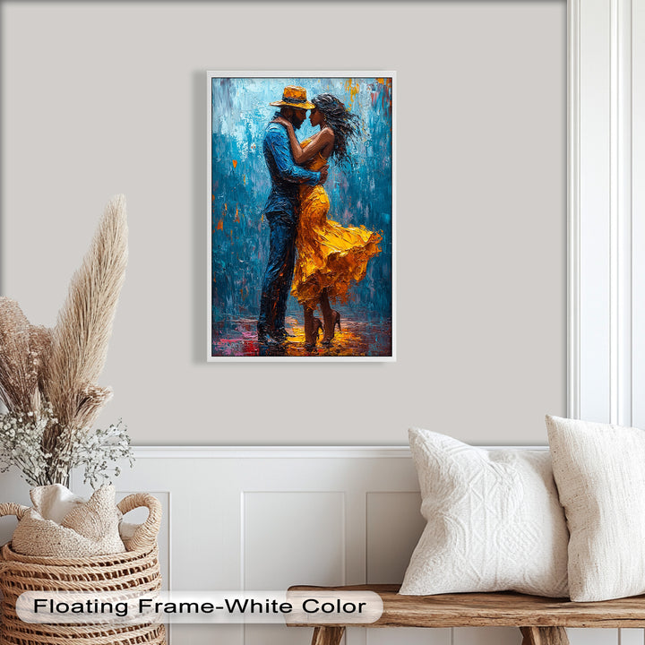 Midnight Embrace – Vibrant Couple in Yellow Dress Oil Painting