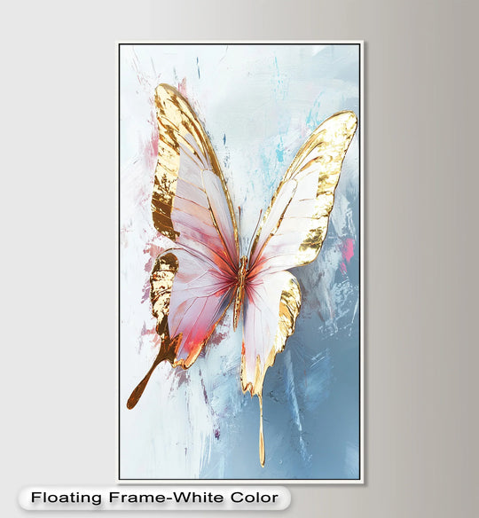 Visual rhythm is created in this gold and blush butterfly in motion oil painting wall art through a balanced and harmonious movement of color and form.