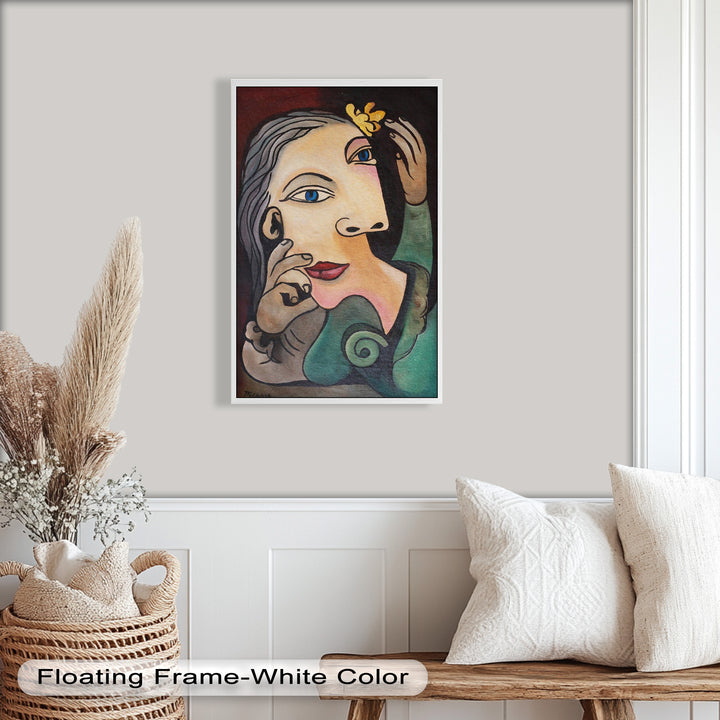 Whimsical Bloom – Surreale Frau mit gelber Blume Picasso Ölgemälde