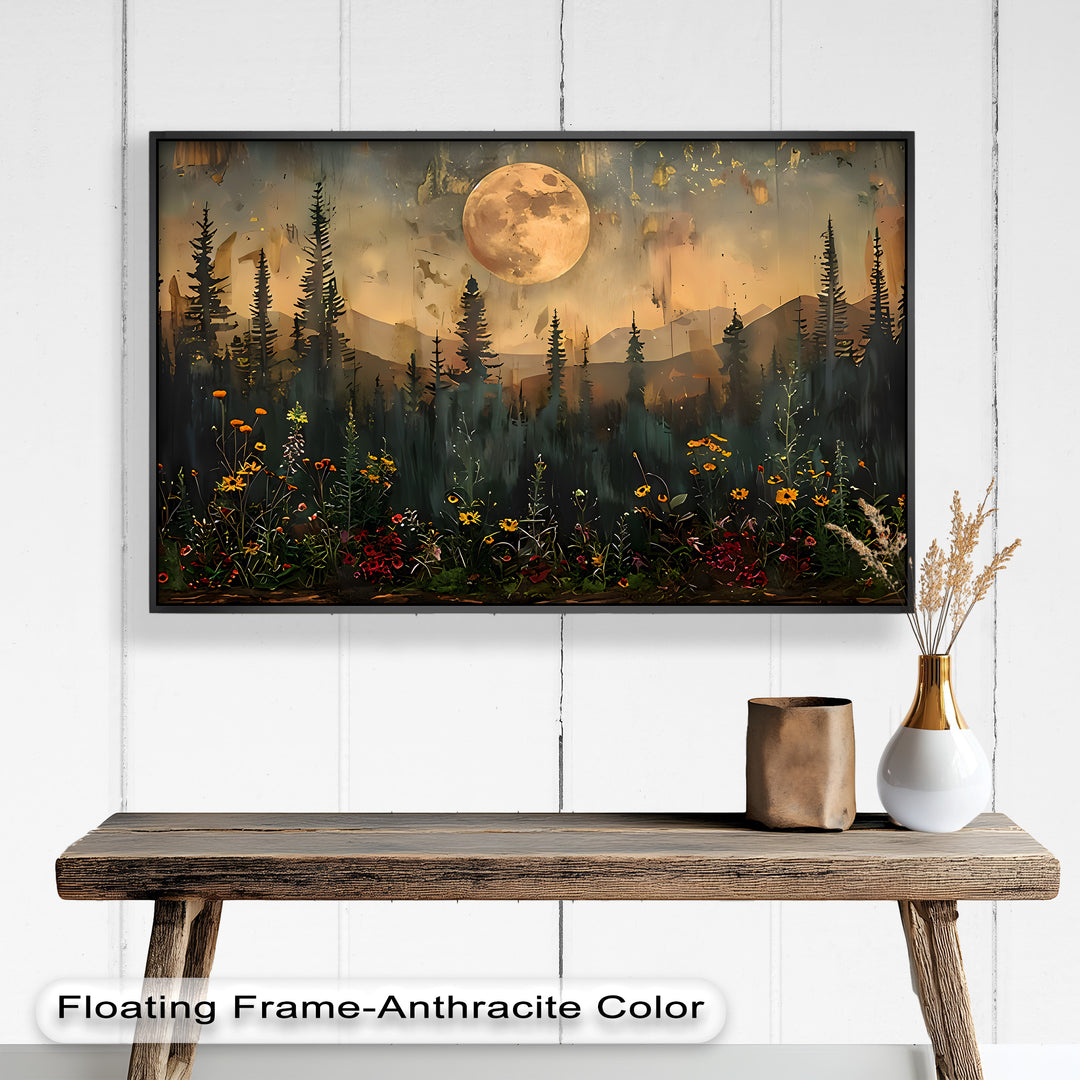 Moonlit Forest Flower Wall Art – Nature Landscape Oil Painting