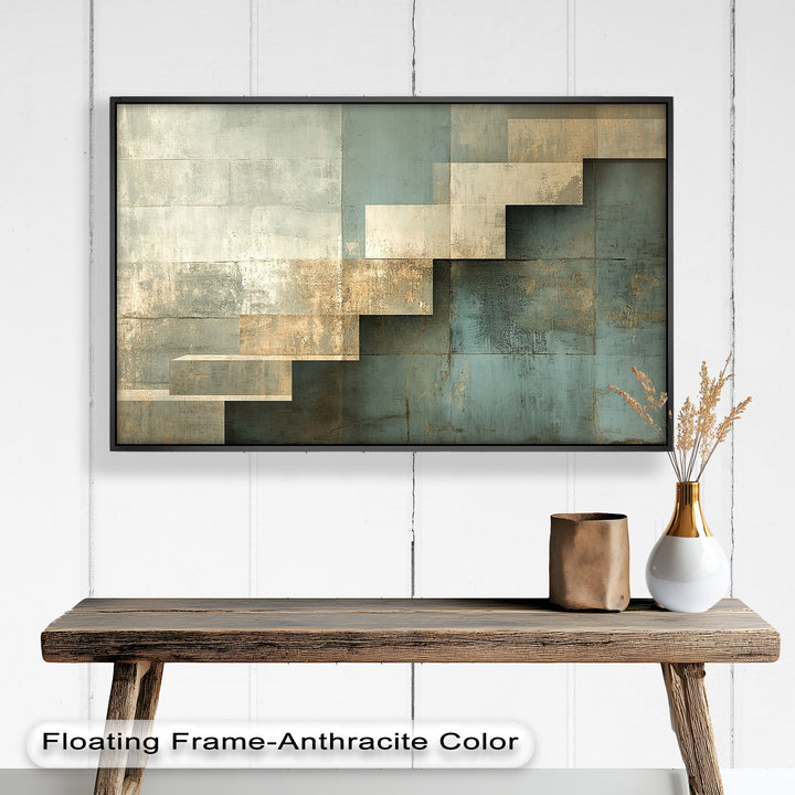 Geometrische Schritte Abstrakt – Blau &amp; Beige Modernes Ölgemälde