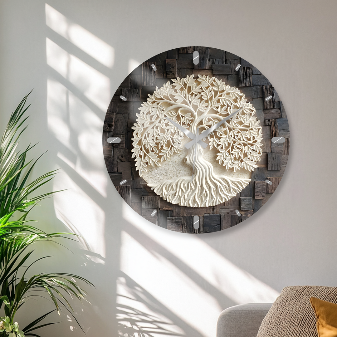 Tree of Life Glass Wall Clock – Rustic Wood Look Decor