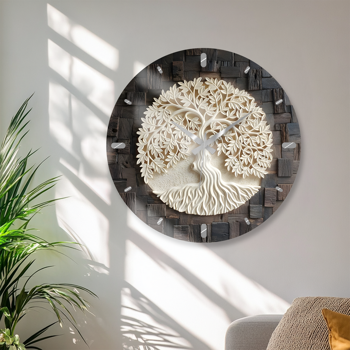 Tree of Life Glass Wall Clock – Rustic Wood Look Decor