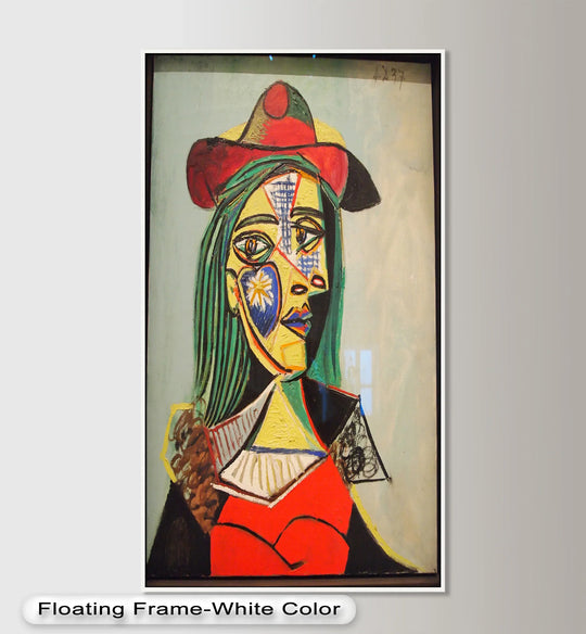 Captured in the stillness, this cubist 'Solar Veil' oil painting artwork presents an abstract portrait of a woman in a red hat, a vibrant and timeless piece.