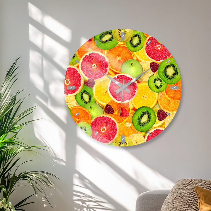 Colorful Fruit Glass Wall Clock – Citrus Kitchen Wall Decor