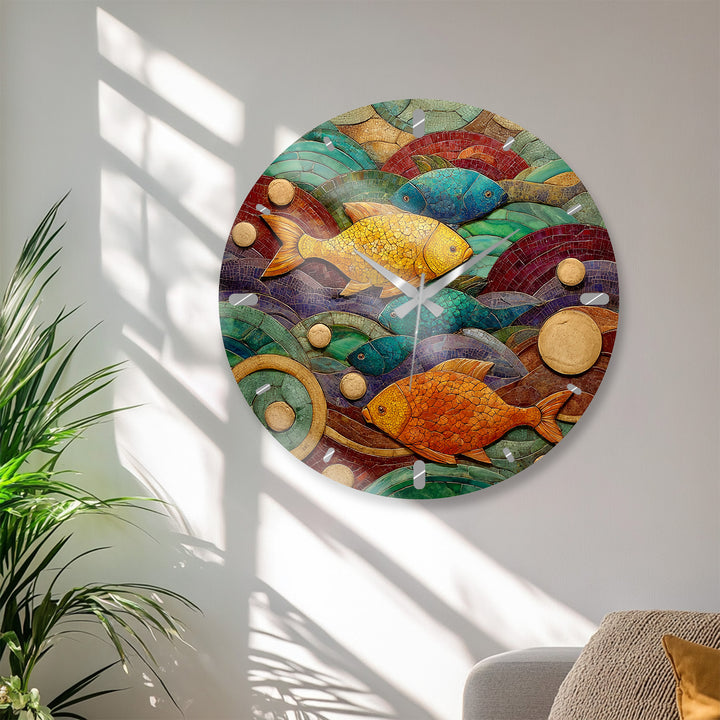 Colorful Fish Glass Wall Clock – Coastal Mosaic Art Decor