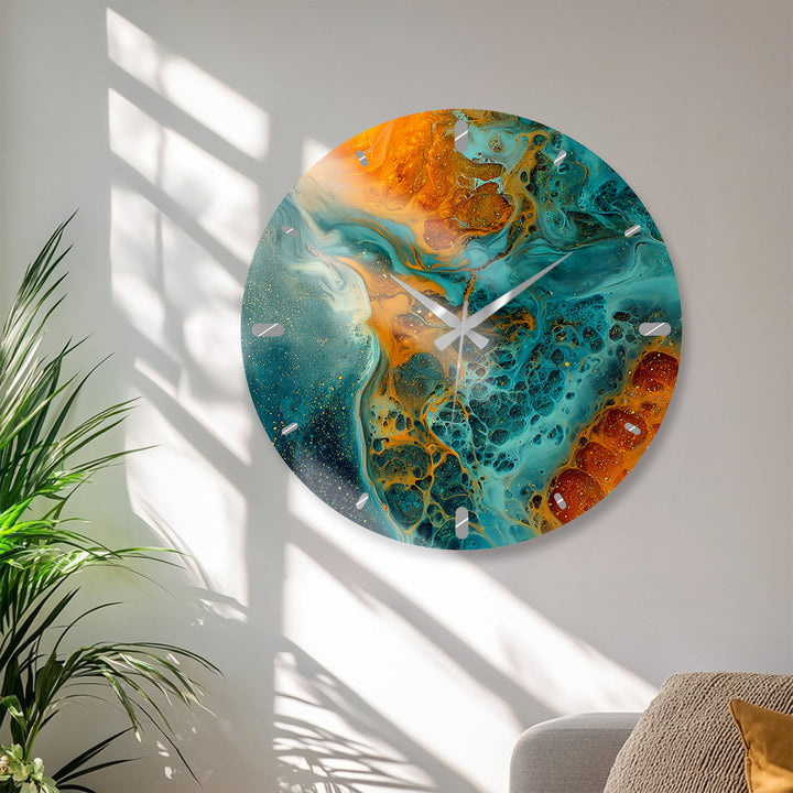 Fluid Art Glass Wall Clock – Teal and Gold Abstract Pour Decor