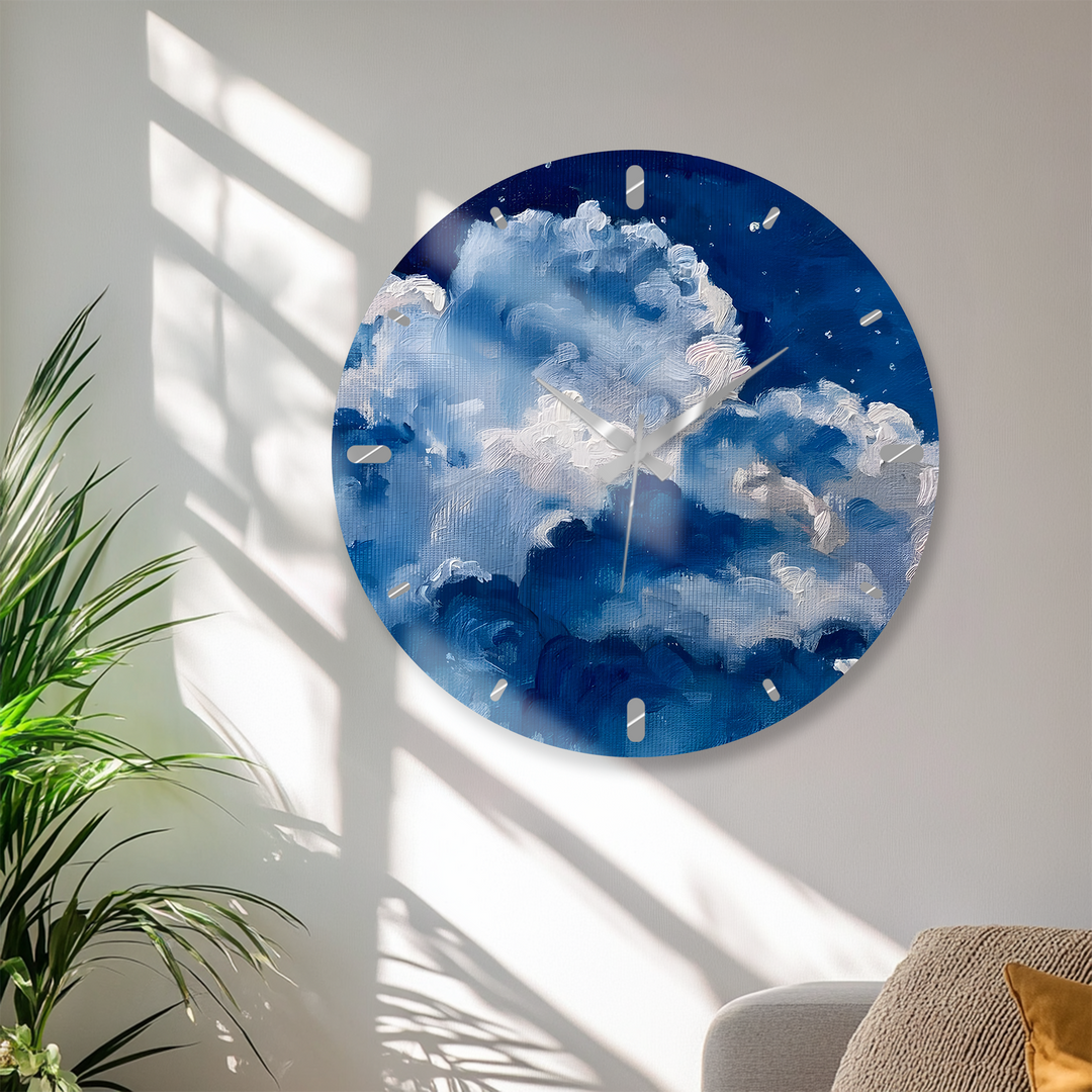 Blaue Wolke Glaswanduhr – abstrakte Himmelswanddekoration