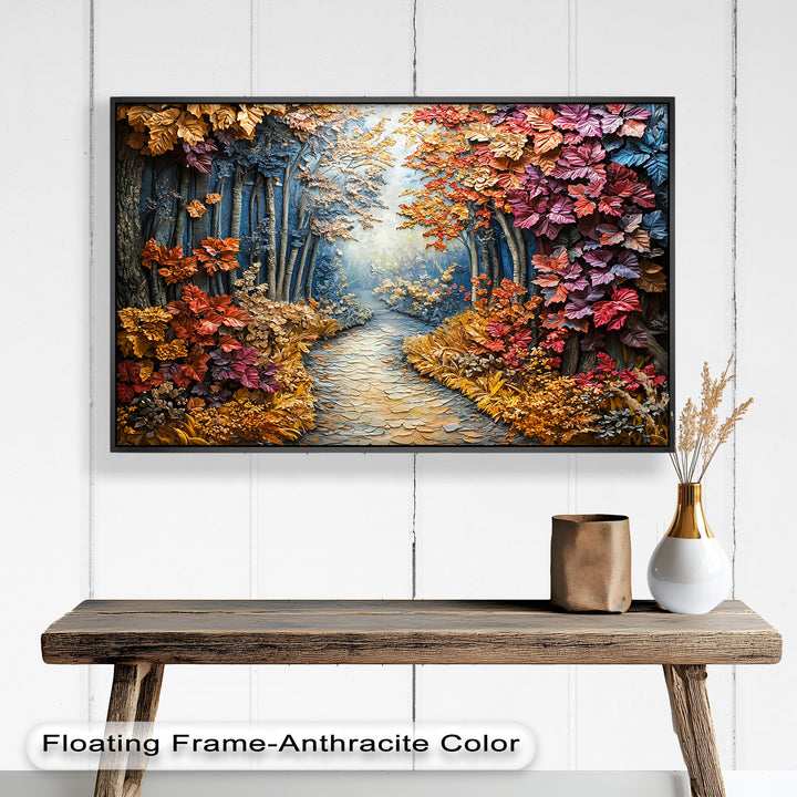 A mesmerizing nature-inspired painting showcasing a dreamlike autumn forest, with detailed raised leaves in warm and cool tones creating depth and dimension.
