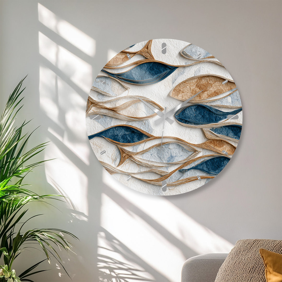 Blue and Beige Glass Wall Clock – Modern Organic Abstract Art