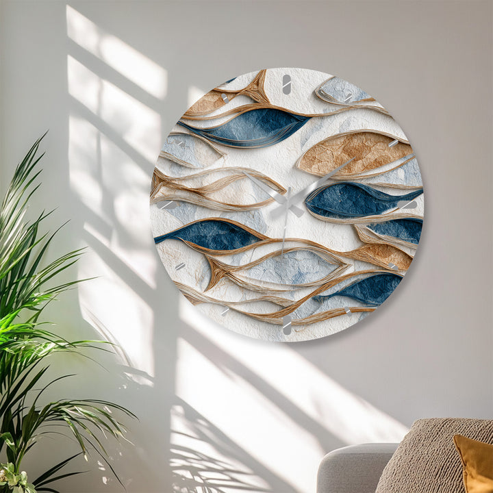 Blue and Beige Glass Wall Clock – Modern Organic Abstract Art