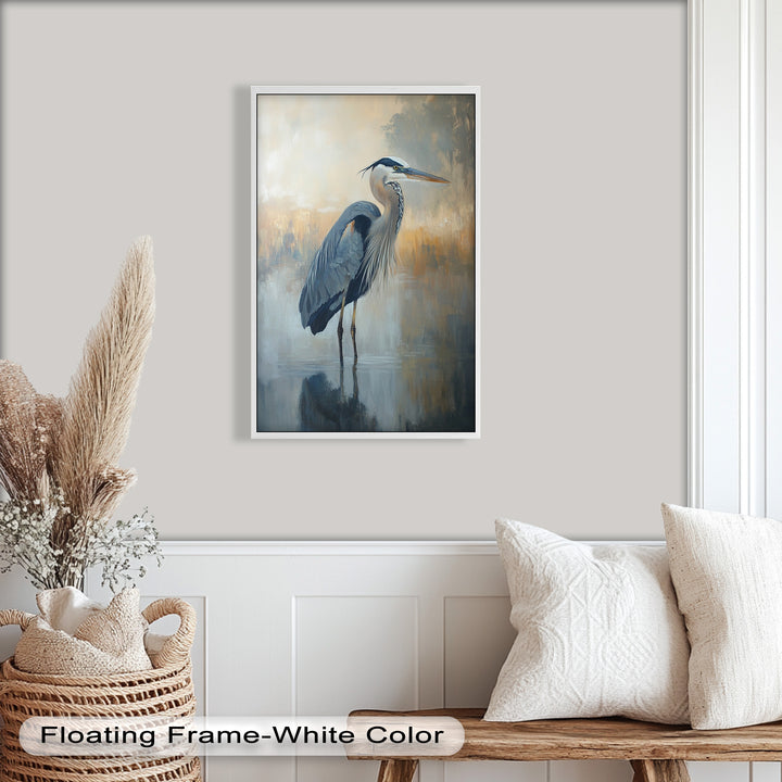 Heron in Misty Marshland - Framed Oil Painting