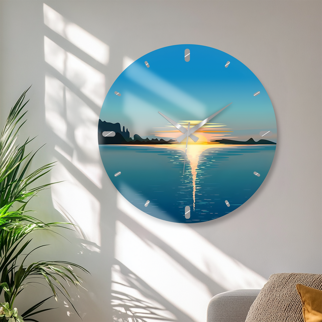 Minimalist Ocean Sunset Glass Wall Clock – Coastal Decor