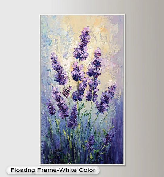 Cool color temperature dominates this textured 'Lavender Blooms in Textured Harmony' oil painting art prints, featuring lavender flowers with contrasting warm highlights.