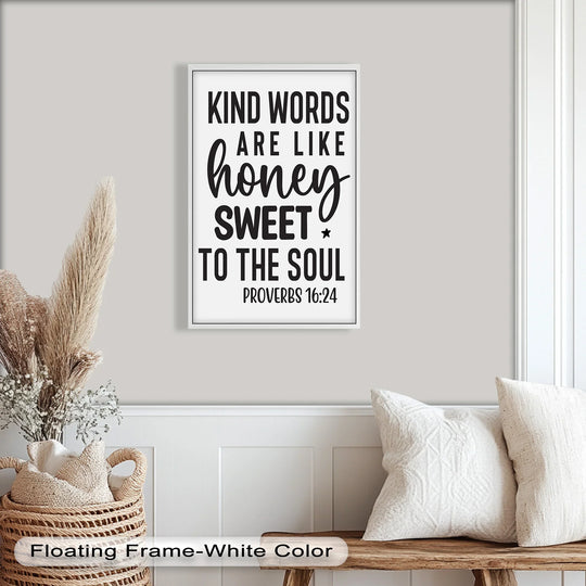 Depicting the darkest area of the framed 'Kind Words Like Honey' scripture piece, this oil painting wall art presents the profound proverb 16:24 with deep, rich contrast.