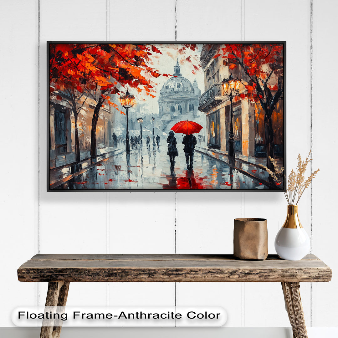 Lovers Walking with Red Umbrella - Love Oil Painting