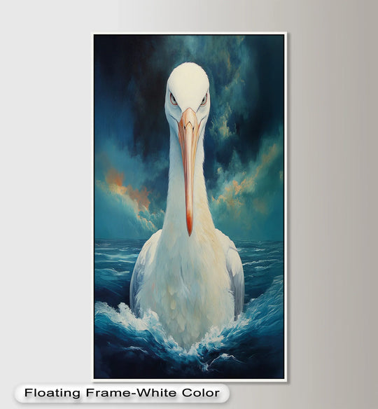 Deeply textured depth and layers showcase this animal oil painting home decor art, depicting a white stork emerging from swirling ocean waves against a dramatic, cloudy sky.