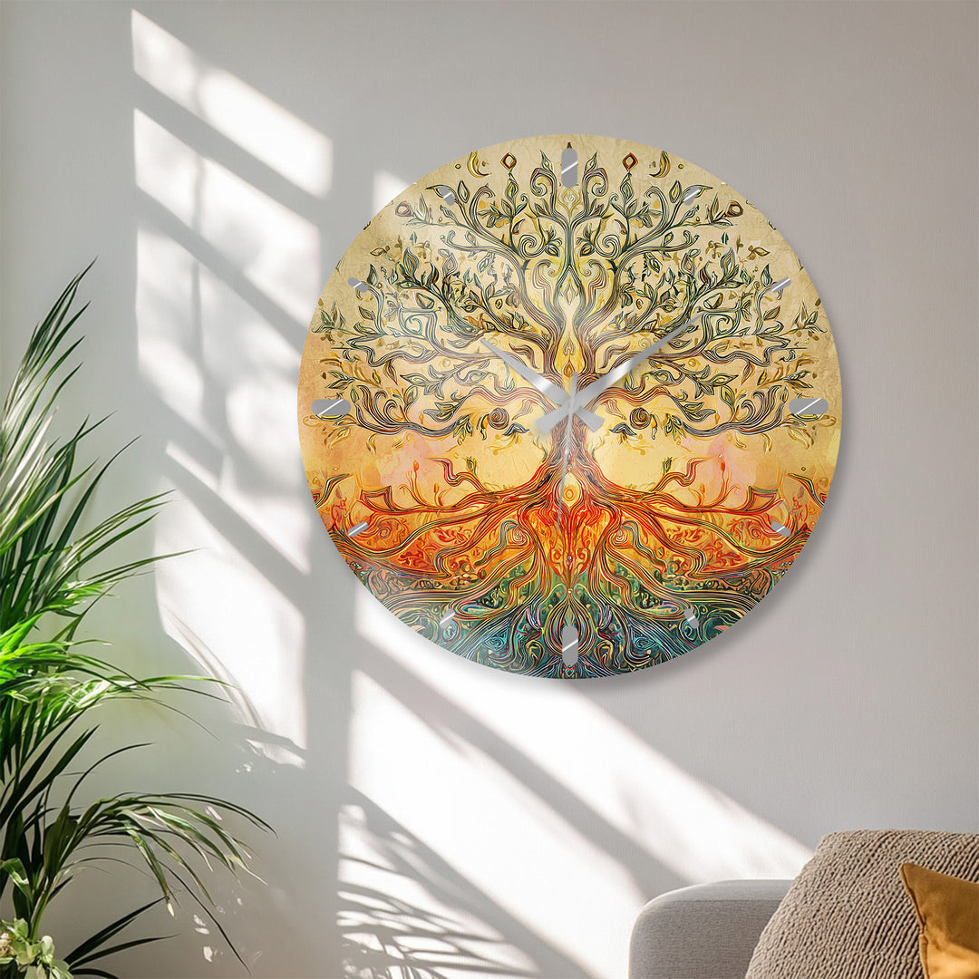 Golden Tree of Life Glass Wall Clock – Boho Botanical Decor