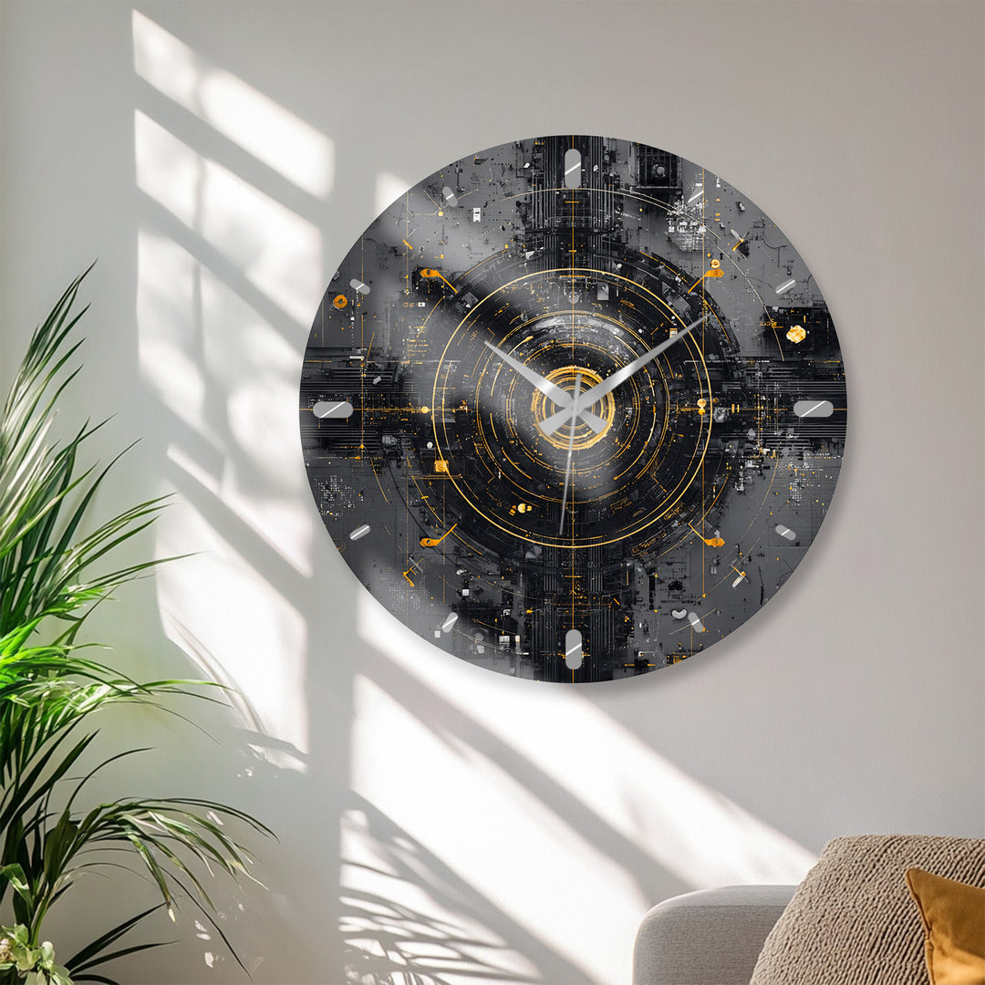 Industrial Abstract Glass Wall Clock – Black and Gold Tech Art