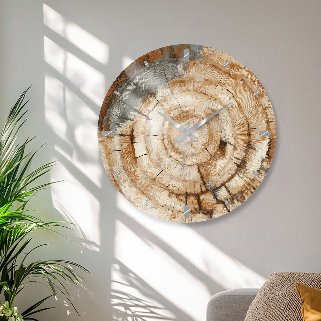 Tree Ring Glass Wall Clock – Rustic Wood Grain Decor