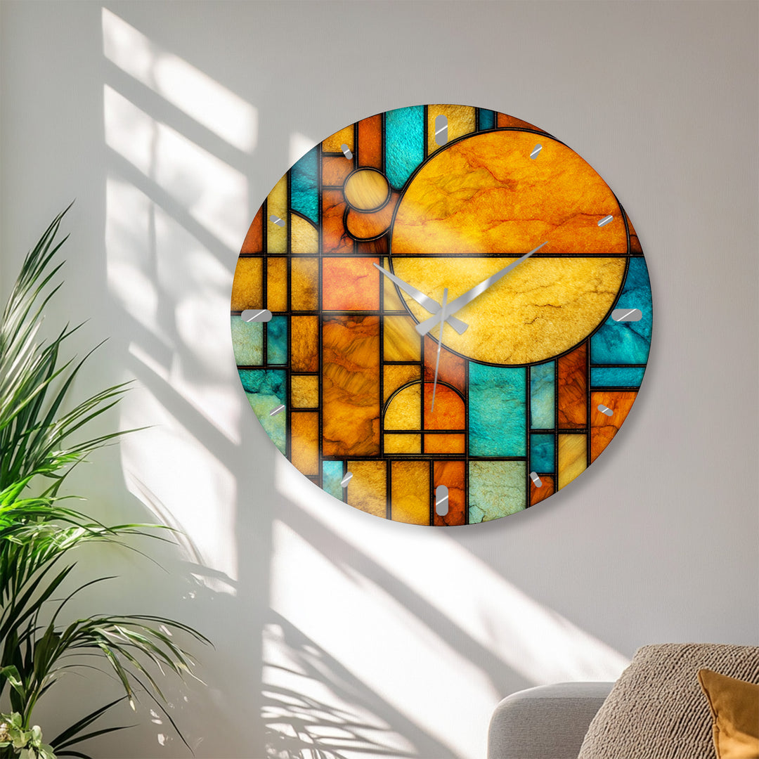 Orangefarbene und blaugrüne Glaswanduhr – geometrische Retro-Sonnenkunst