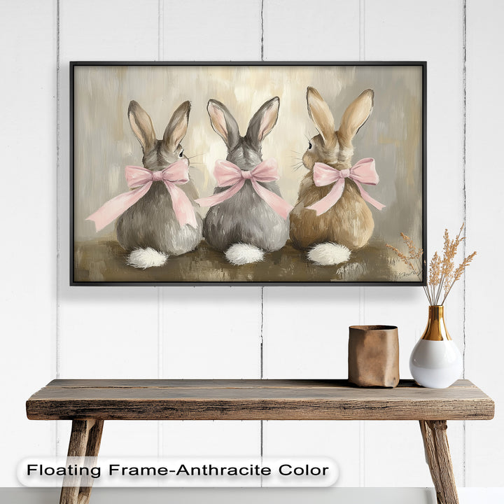 Trio of Bunnies with Pink Bows – Animal Oil Painting