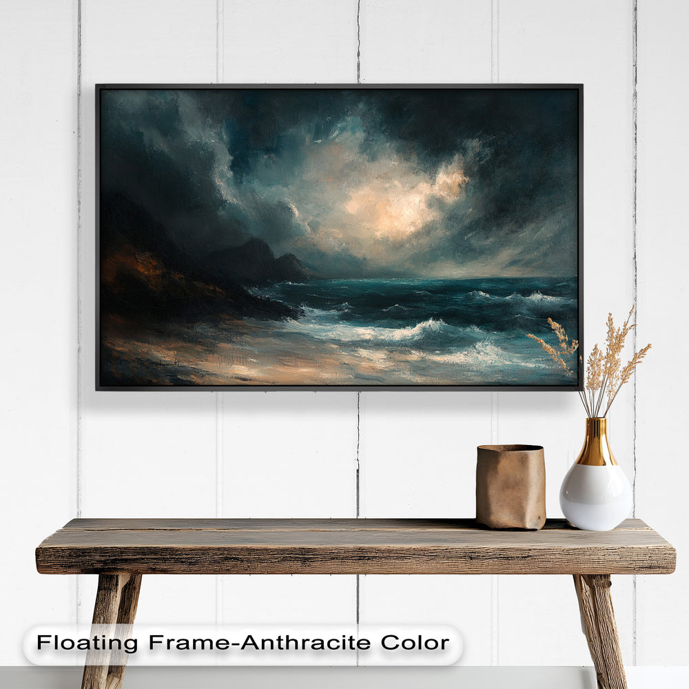 Rich in emotion and contrast, the artwork uses deep blues and fiery highlights to portray the raw power and beauty of nature.

