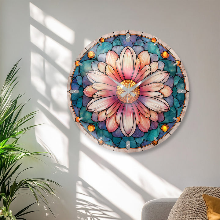 Rosa florale Glas-Wanduhr – Dekor im Buntglas-Stil