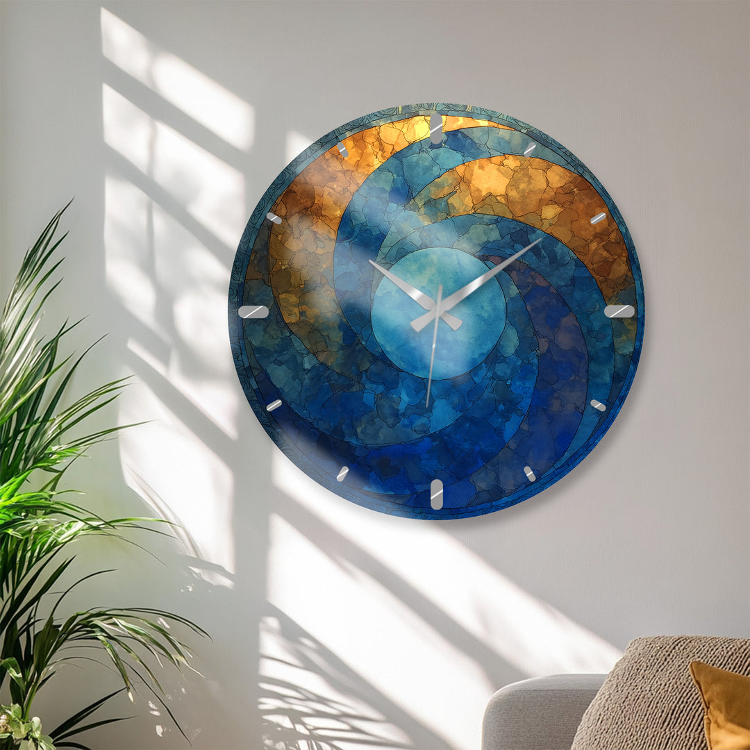 Blaue und goldene Glaswanduhr – abstraktes Kreisdekor