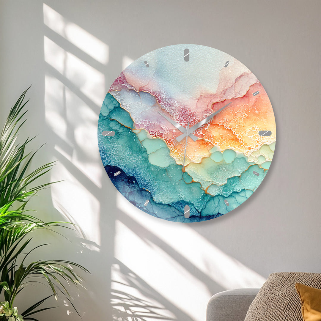 Pastel Fluid Art Glass Wall Clock – Pink and Teal Abstract Decor