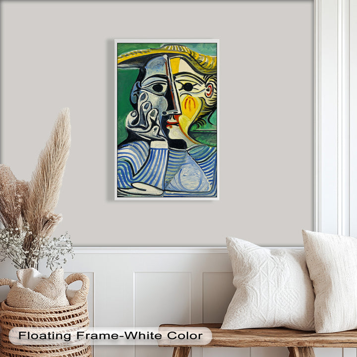 Nachdenklicher Blick – Gestreifte Frau mit Sonnenhut Picasso Ölgemälde