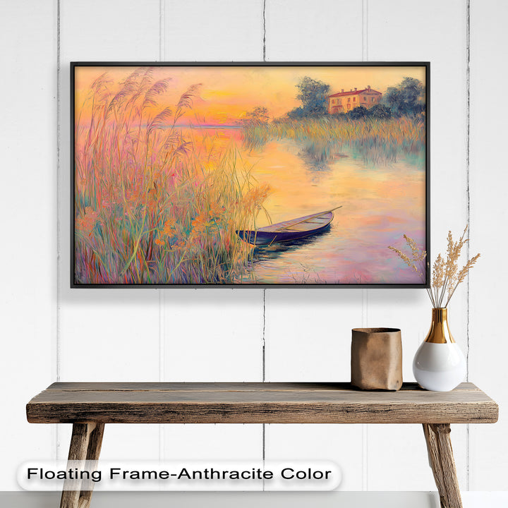 Golden Reeds and Sunset Rowboat – Impressionist Oil Painting