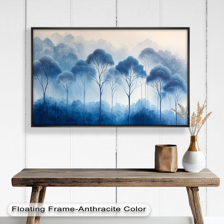 Experience the elegance of nature with this atmospheric blue forest oil painting. Featuring a minimalist yet expressive design, this framed artwork blends modern aesthetics with a serene, natural vibe, perfect for any stylish interior.