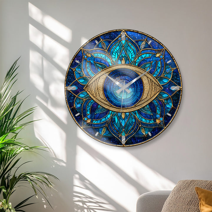 Evil Eye Glass Wall Clock – Blue Mandala Wall Decor