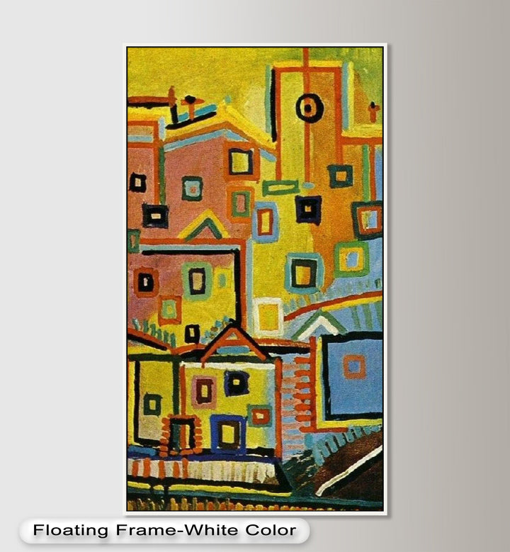 A cheerful, abstract village scene with colorful homes and layered squares, evoking movement and modern expression.