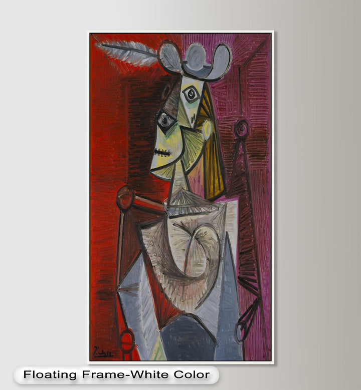 Bold in Crimson – Woman with Feather Hat Abstract Oil Painting