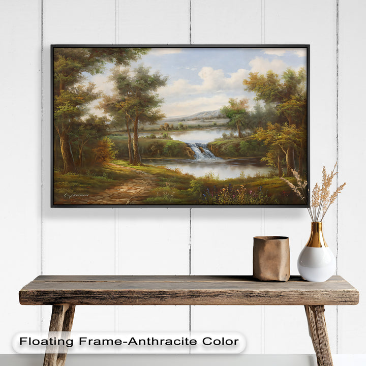 Tranquil Forest Cascade – Vintage Oil Painting
