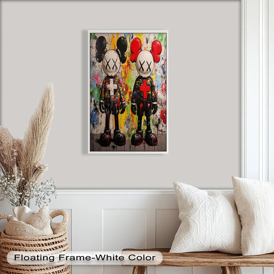 Graffiti-inspired background demands attention in this 'Dual Manifest' abstract duo KAWS oil painting home decor, making a bold statement with vivid colors and edgy figures.