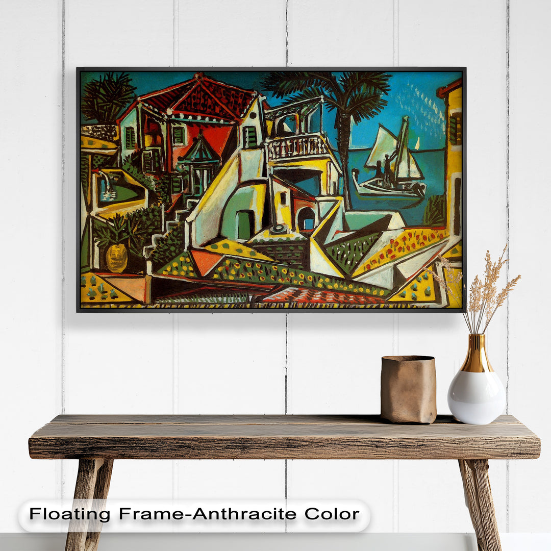 A colorful and abstract Mediterranean village scene with red-roofed houses, palm trees, and a sailboat near the shore.