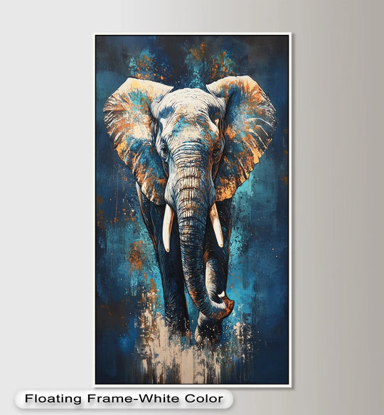 Dominated by blue tones, this oil painting wall art depicts an elephant in striking blue and bronze hues, embodying the unique style of animal oil painting.