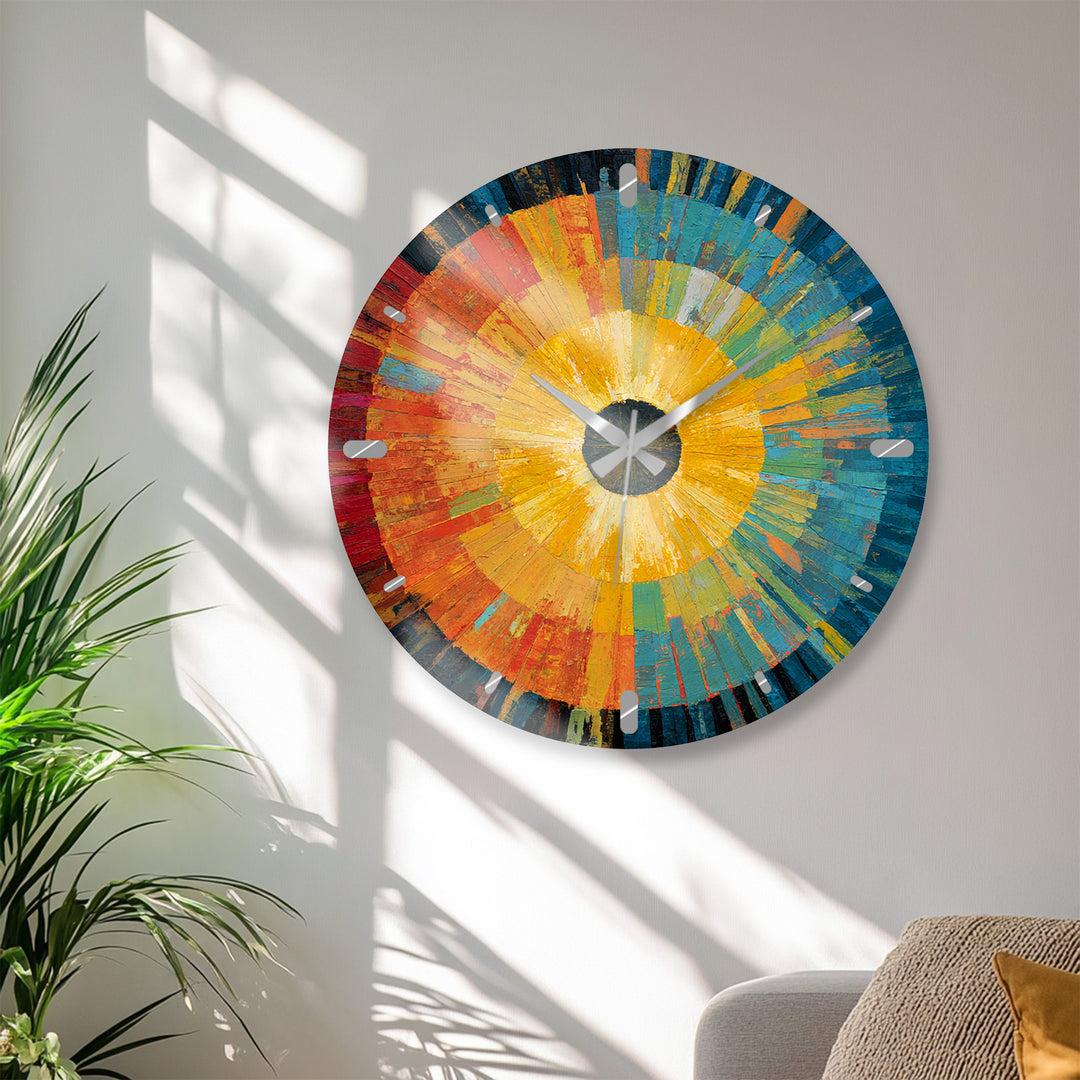 Abstract Sunburst Glass Wall Clock – Colorful Modern Art