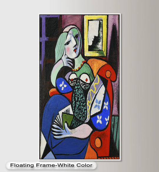 Dramatic color contrast defines this modern oil painting art of an abstract woman reading in a vibrant red armchair, showcasing a bold and expressive style.