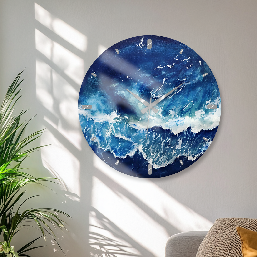 Abstract Blue Ocean Glass Wall Clock – Coastal Wave Art