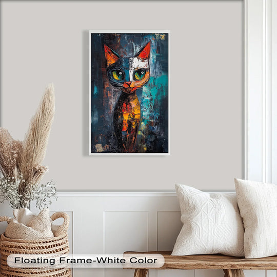 Intense color contrast defines this modern oil painting art, highlighting the abstract cat portrait with neon hues and an interplay of dark and light.