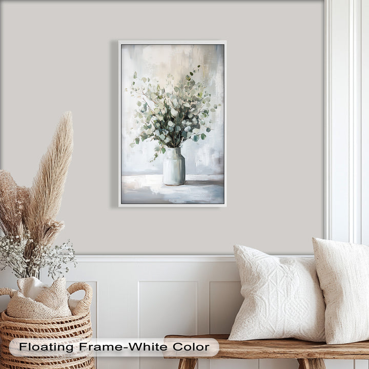 Eucalyptus Essence – Minimalist Greenery in Ceramic Vase Oil Painting