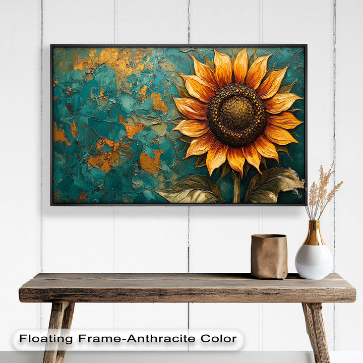 Sunflower on Textured Teal - Flower Oil Painting