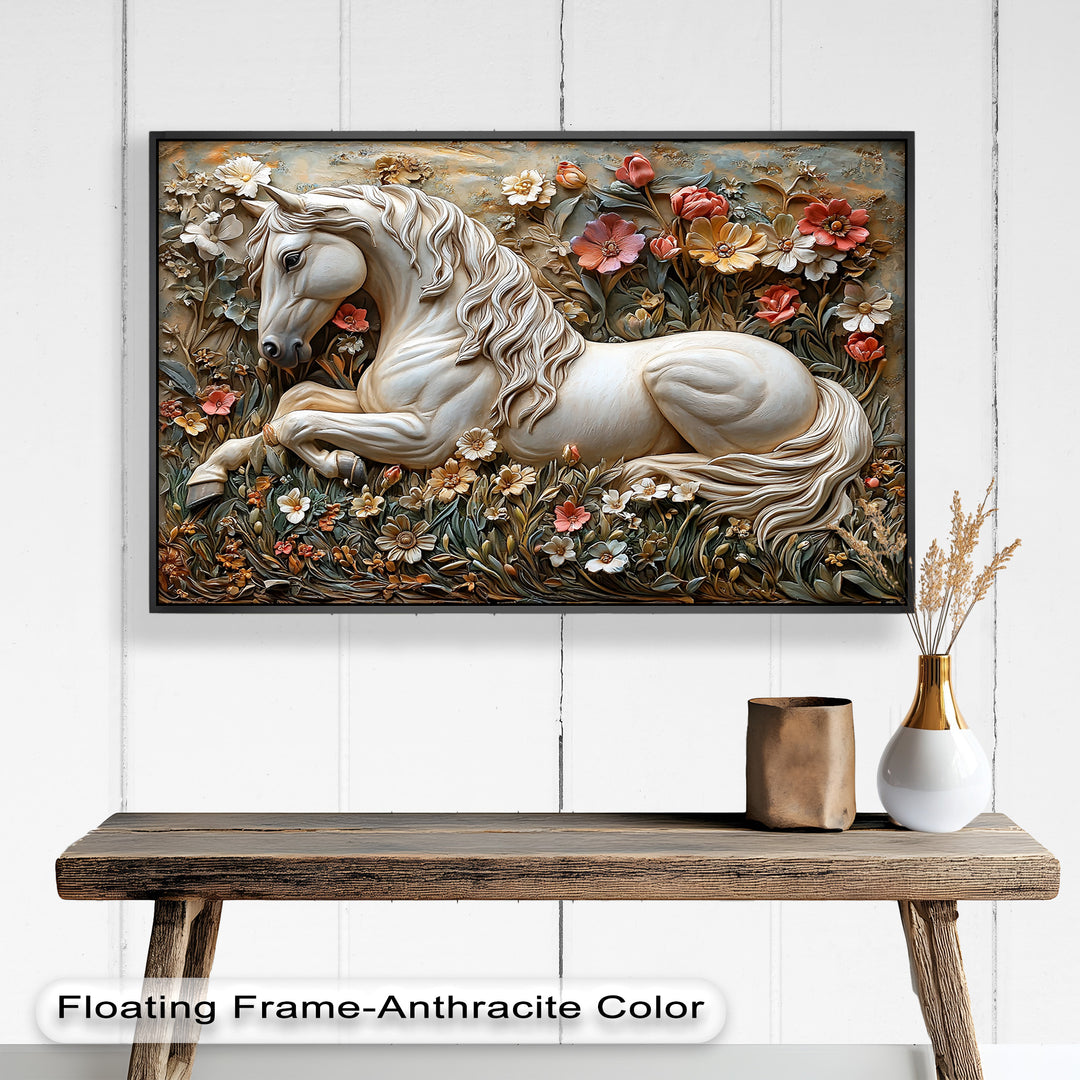 Rock Texture Flower Horse – Elegant Equine Oil Painting