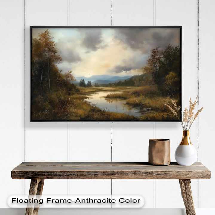 A serene marshland in soft autumn tones, with moody clouds above and gentle hills fading into the distance.

