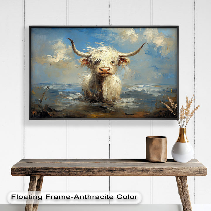 Highland Cow in Coastal Waters – Animal Oil Painting