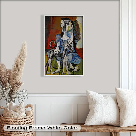 The layering effect in this oil painting reproduction print of a woman with a dog in Picasso's distinctive style creates depth and visual intrigue.